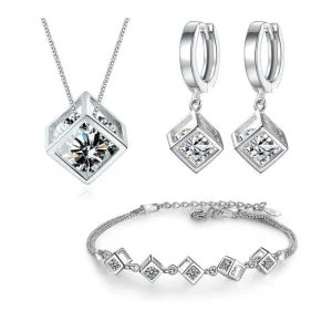 Cube Zirkon Square Dangle Diamantkub 925 Silver Halsband armband örhängen smycken set smyckeset<VSmycken Fashion