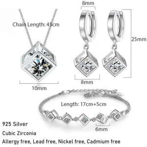 Cube Zirkon Square Dangle Diamantkub 925 Silver Halsband armband örhängen smycken set smyckeset<VSmycken Fashion
