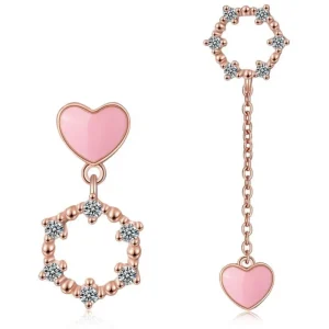 Pink Love Heart Asymmetrical Örhängen 925 sterling Silver<VSmycken Discount