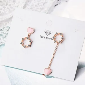 Pink Love Heart Asymmetrical Örhängen 925 sterling Silver<VSmycken Discount